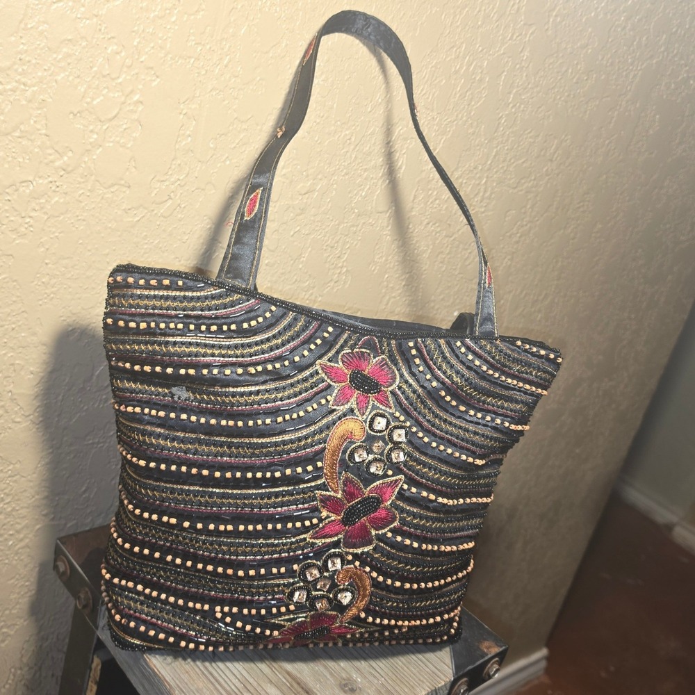 Vintage Style Beaded Floral Embroidered Black Satin Shoulder Bag Evening Tote